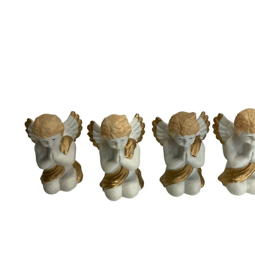 Christmas Angel Napkin Rings 4 Hand Painted Porcelain White Gold Vtg